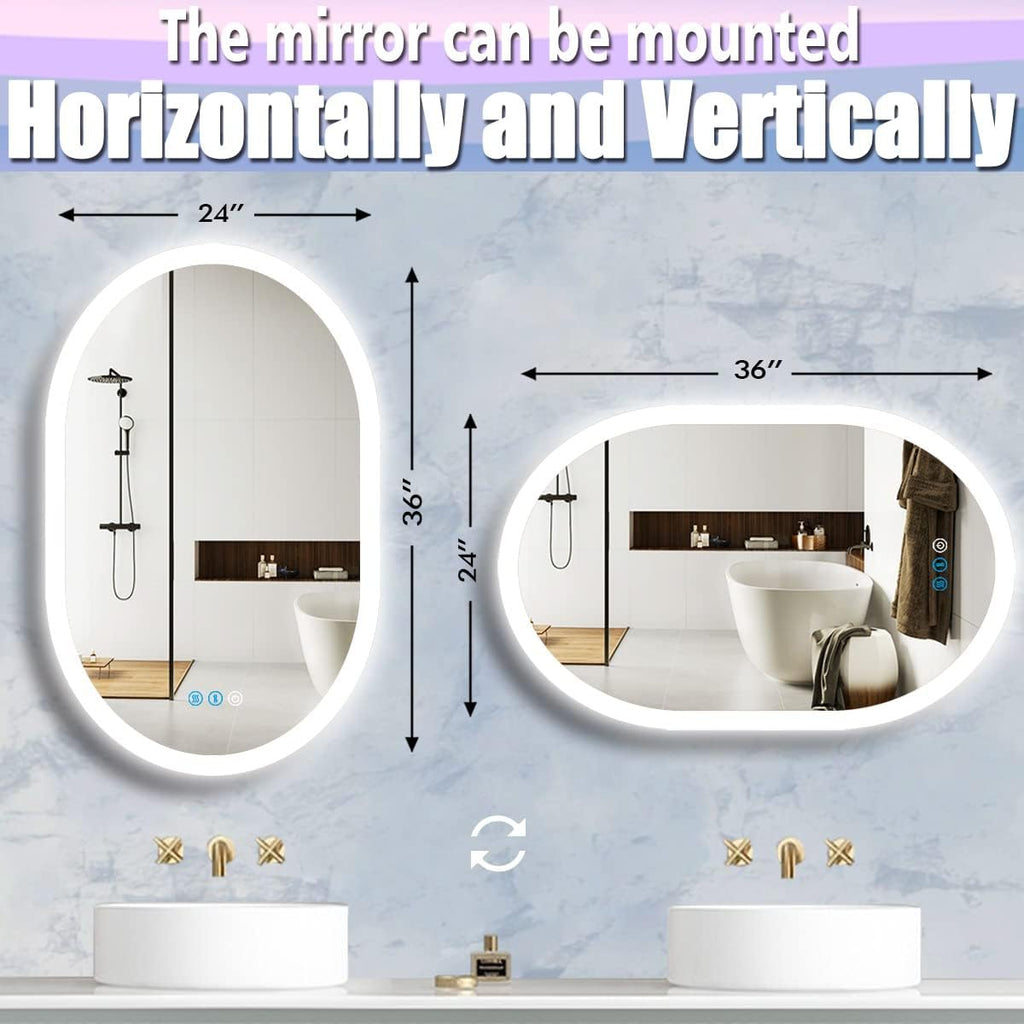 36 x 24 Inch Oval Backlit Mirror 3 Color Adjustable Brightness Backlits Oval Lighted Vanity Mirror for Bathroom Wall Horizontal Vertical Mount Antifog 36" Frameless LED Backlit Ovals Mirrors