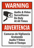 SmartSign-S-9392-AL-14 Warning - Audio & Video Surveillance On Duty At All Times Bilingual Sign By | 10" x 14" Aluminum - Black/Red on White