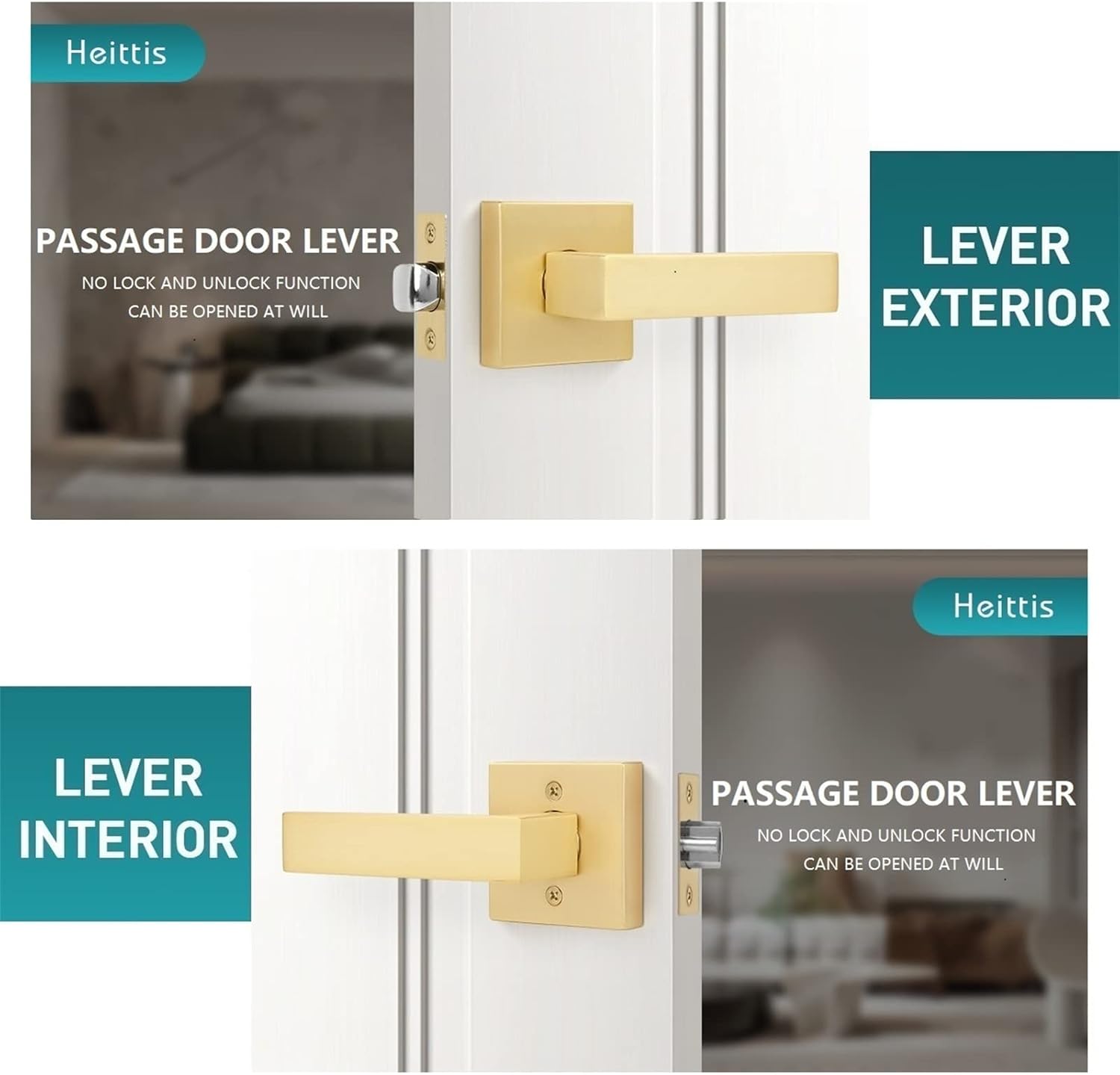 5 Pack Passage Door Lever Square Door Handle in Stain Brass,Interior Door Knob Modern Heavy Door Lock Contemporary Design Door Lockset for Hall or Closet