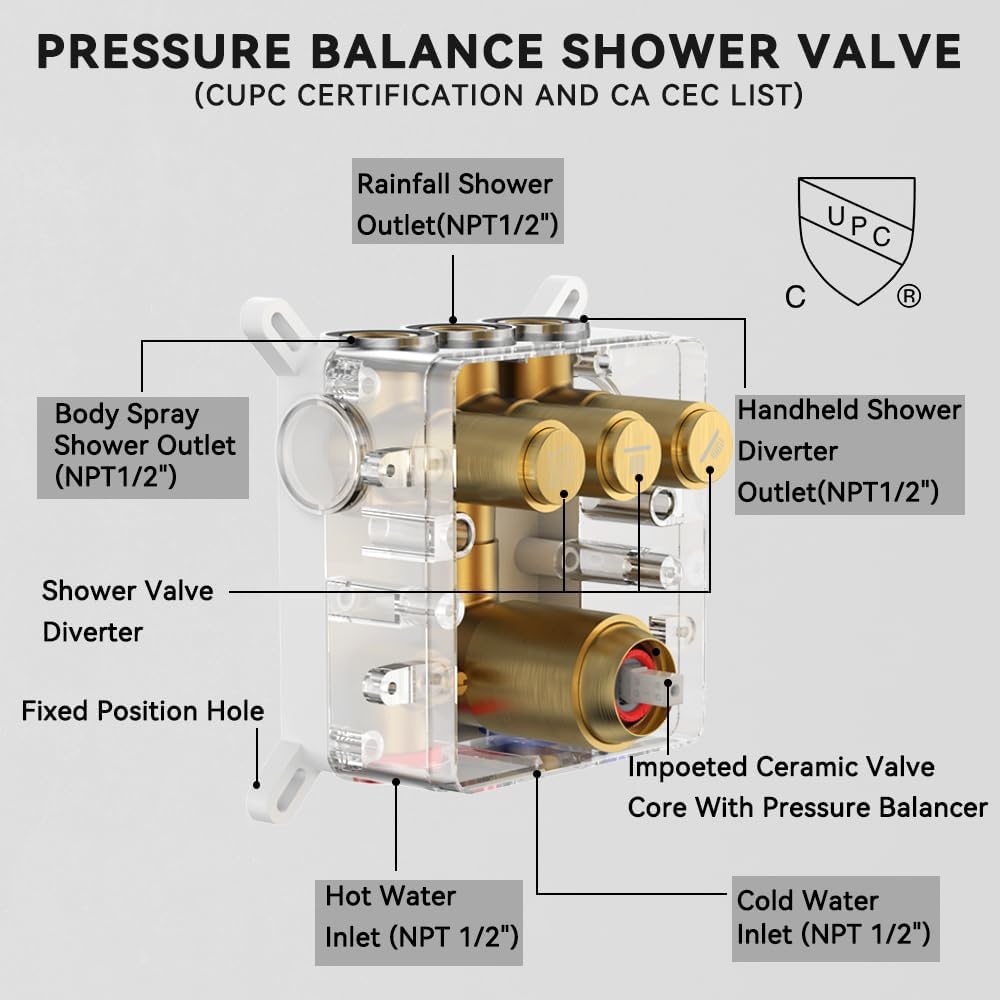 Brushed Gold Shower System, STARBATH 12+8" Rainfall Shower System with Square Shower Head and Handle Set Ceiling Mount, Can Use All at Once Push Button Diverter Pressure Balancing Valve with Trim Kit