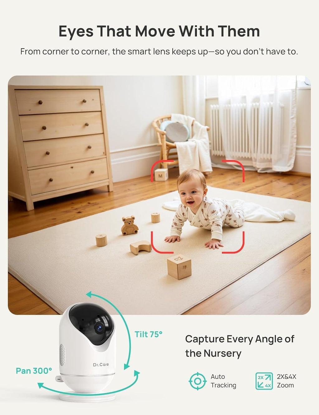 Dr.Care VistaView 5” Smart WiFi Baby Monitor with 2 Camaras - 2K Camera App Control & 1080P Split Screen, Cry & Motion Detection, Pan-Tilt-Zoom, HD Night Vision, Video Recording, Triple Security