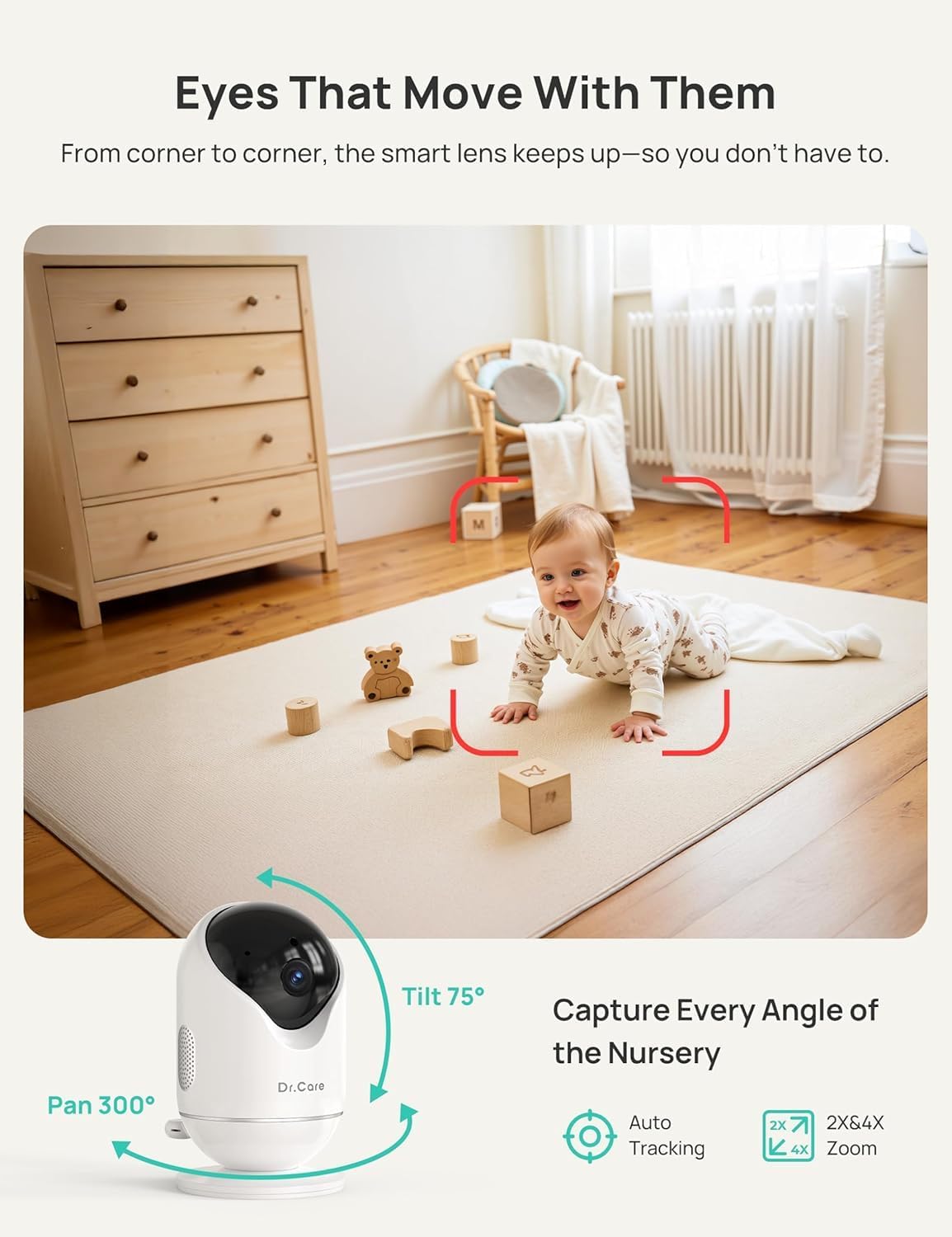 Dr.Care VistaView 5” Smart WiFi Baby Monitor with 2 Camaras - 2K Camera App Control & 1080P Split Screen, Cry & Motion Detection, Pan-Tilt-Zoom, HD Night Vision, Video Recording, Triple Security