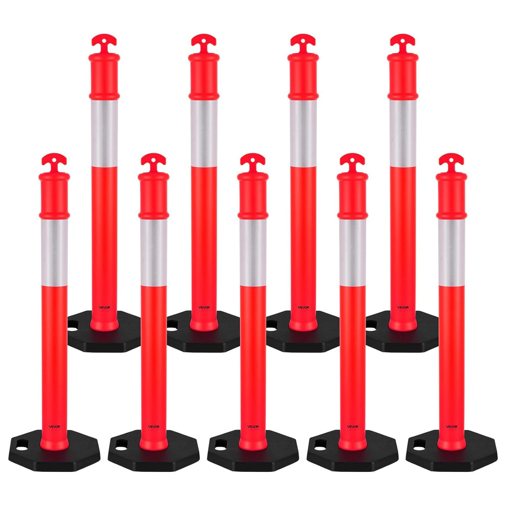 VEVOR 9 Pack Traffic Delineator Posts, 48 inches Traffic Safety Cones with Weighted Base and Reflective Strips, Heavy Duty Delineator Posts for Construction Site, Parking Lot, Crowd Control, Red