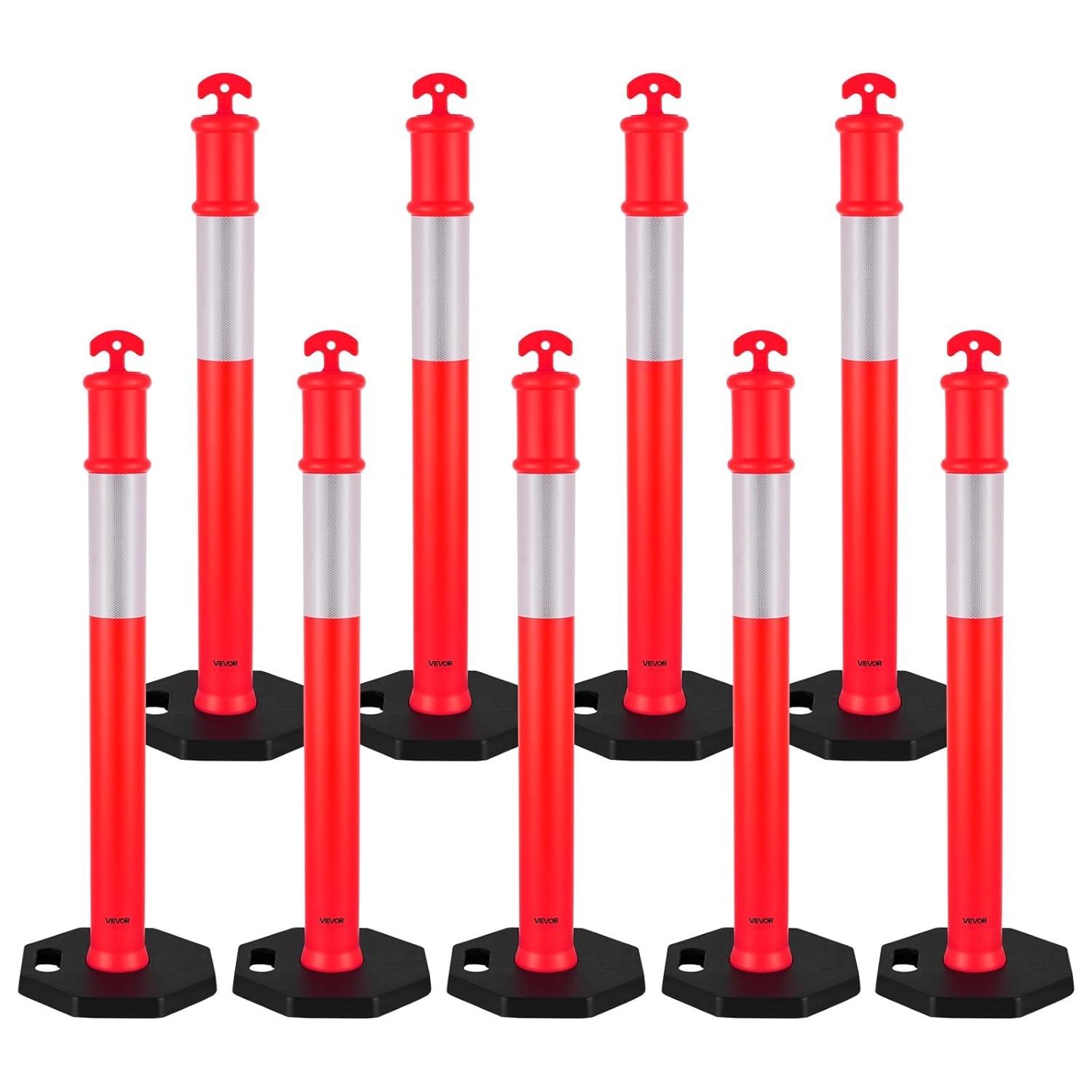 VEVOR 9 Pack Traffic Delineator Posts, 48 inches Traffic Safety Cones with Weighted Base and Reflective Strips, Heavy Duty Delineator Posts for Construction Site, Parking Lot, Crowd Control, Red