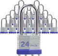 Laminated Steel Padlocks, 24 Pack, Blue, Keyed Alike, Long Shackle, for Hasp Latch, Sheds, Fences, Lockers, Schools, Gyms