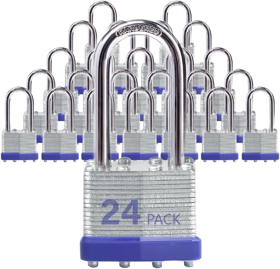 Laminated Steel Padlocks, 24 Pack, Blue, Keyed Alike, Long Shackle, for Hasp Latch, Sheds, Fences, Lockers, Schools, Gyms