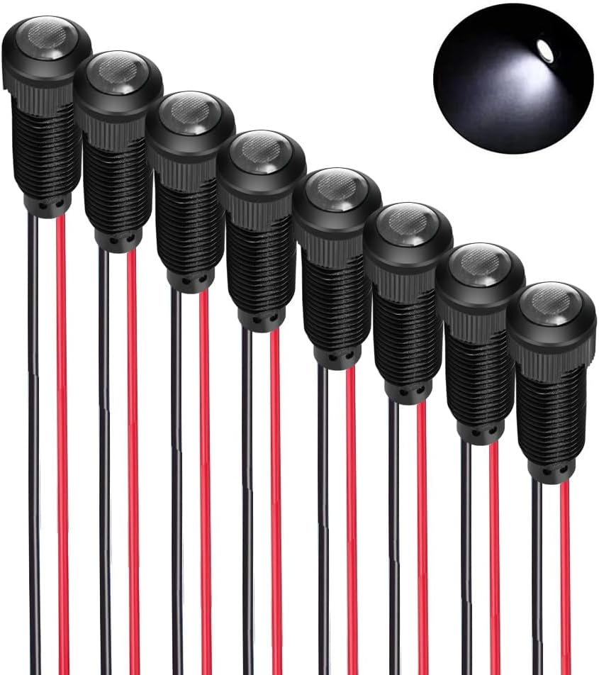 8pcs White LED Indicator Pilot Light AC/DC 12-24V Mounting Hole Size 8mm(Flame Retardant Plastic Shell)