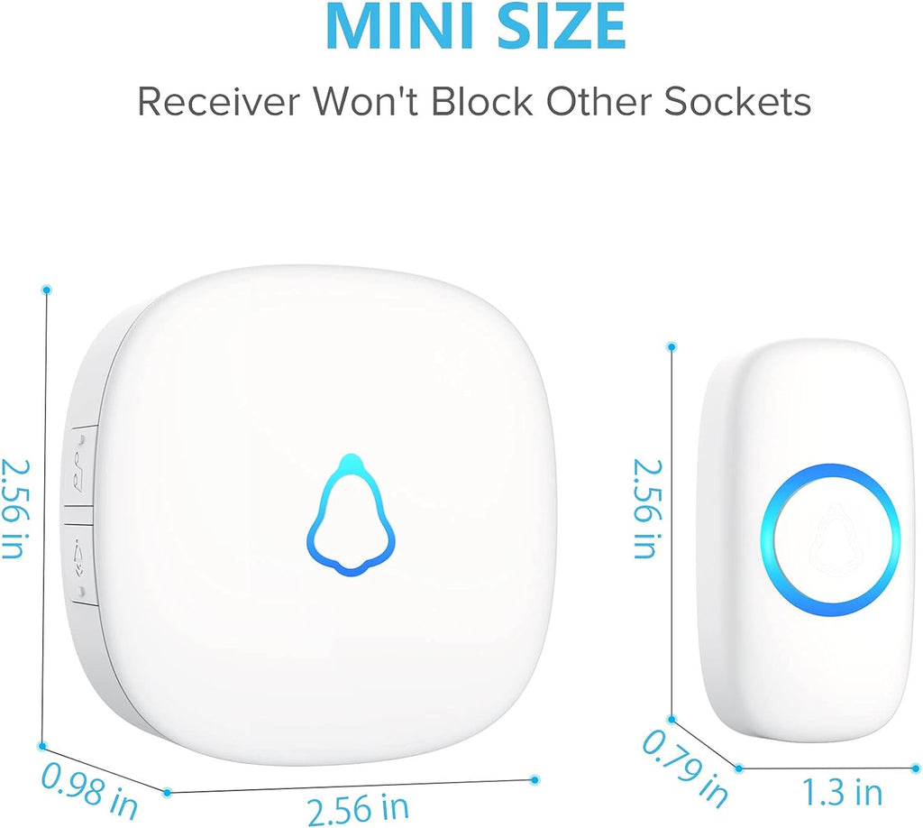 SECRUI Wireless Doorbell, Mini Door Bell with 58 Chimes 5 Volume Levels, 1 Waterproof Button 2 Plug in Receiver, White Doorbell with Led Blue light for Home/Classroom/Office