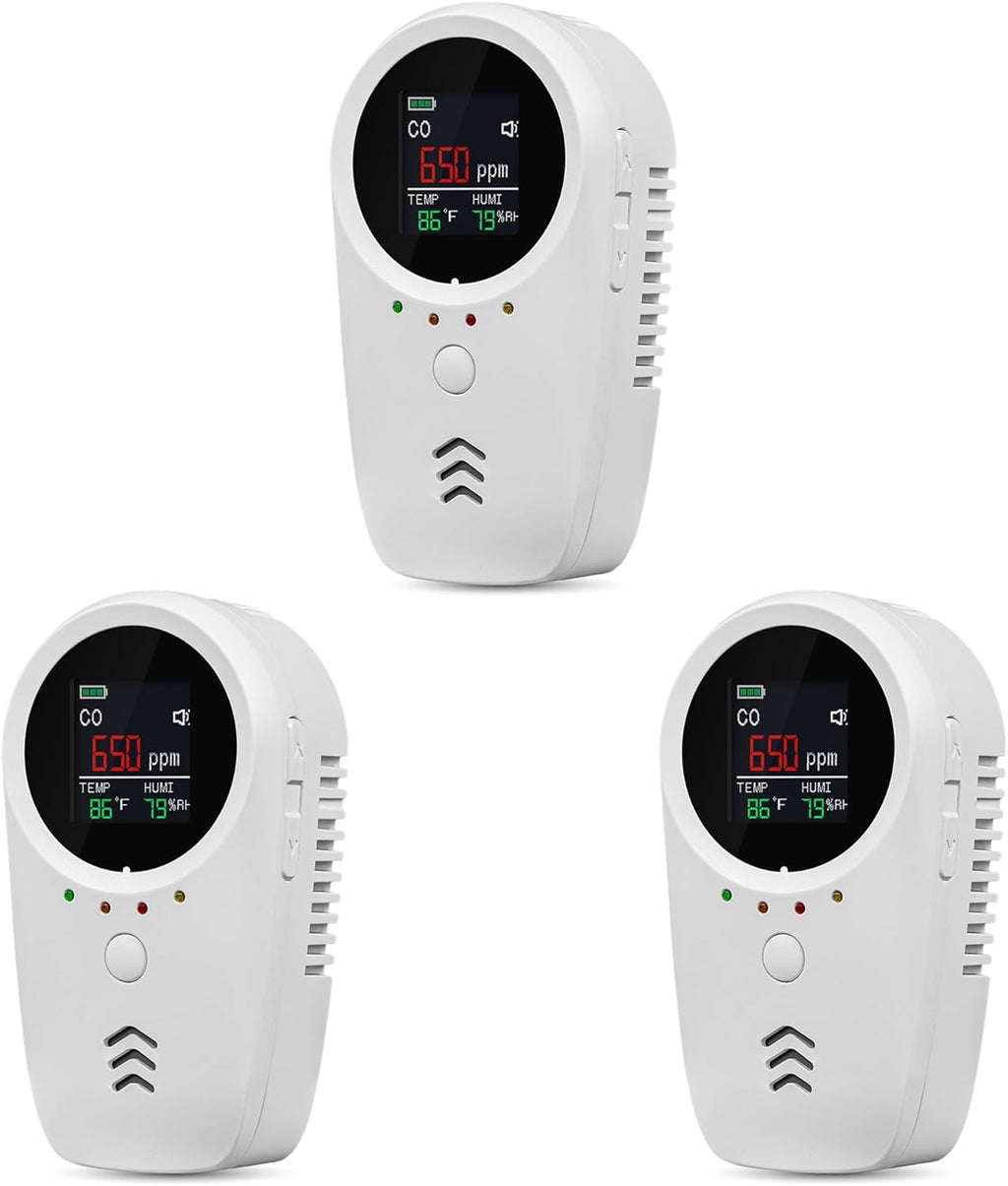 3PCS 5-in-1 Rechargeable Carbon Monoxide & Natural Gas Detectors with Temperature/Humidity LCD Display & 2000mAh Lithium-ion Battery, Portable Plug in Co Detector for Home Travel RV Essentials