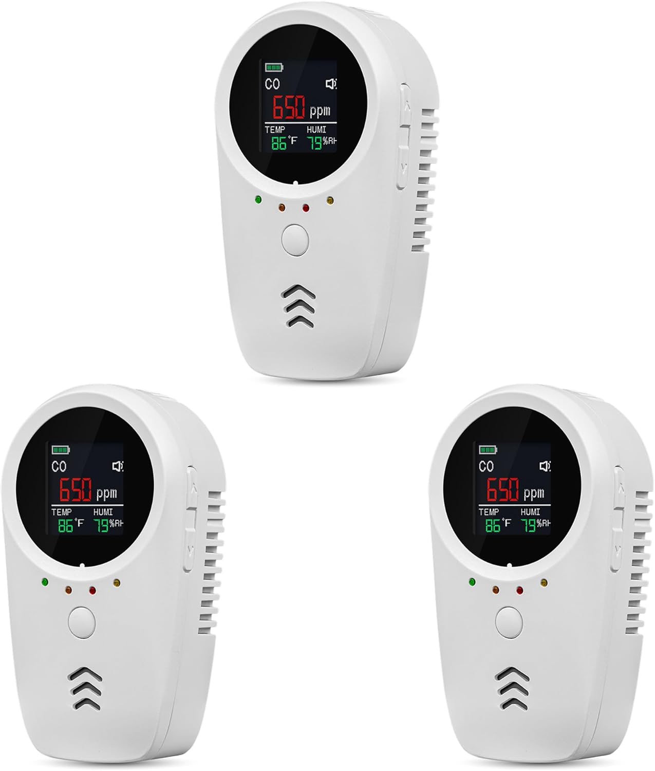 3PCS 5-in-1 Rechargeable Carbon Monoxide & Natural Gas Detectors with Temperature/Humidity LCD Display & 2000mAh Lithium-ion Battery, Portable Plug in Co Detector for Home Travel RV Essentials