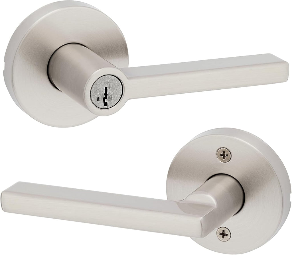 Kwikset Halifax Keyed Storeroom Entry Door Handle with Lock and Key, Secure Keyed Reversible Lever Exterior, Front Entrance and Bedrooms, Satin Nickel, Pick Resistant SMT Rekey Security and Microban