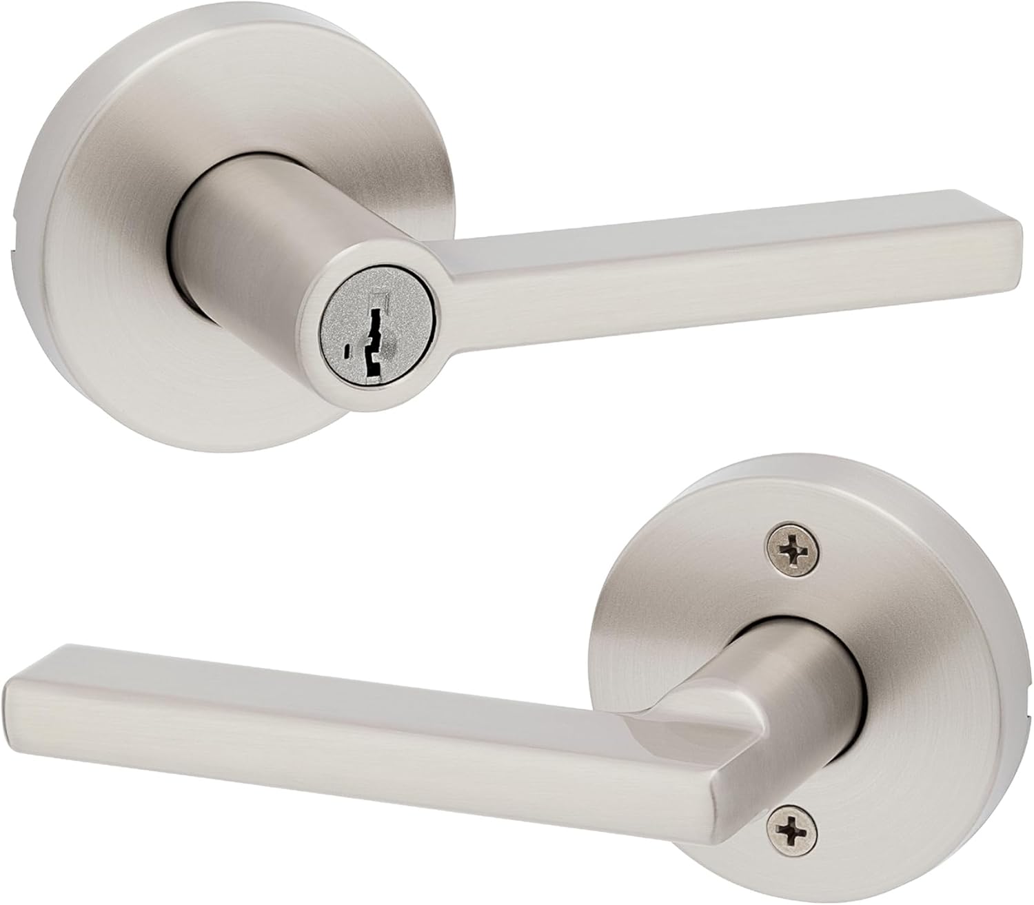 Kwikset Halifax Keyed Storeroom Entry Door Handle with Lock and Key, Secure Keyed Reversible Lever Exterior, Front Entrance and Bedrooms, Satin Nickel, Pick Resistant SMT Rekey Security and Microban