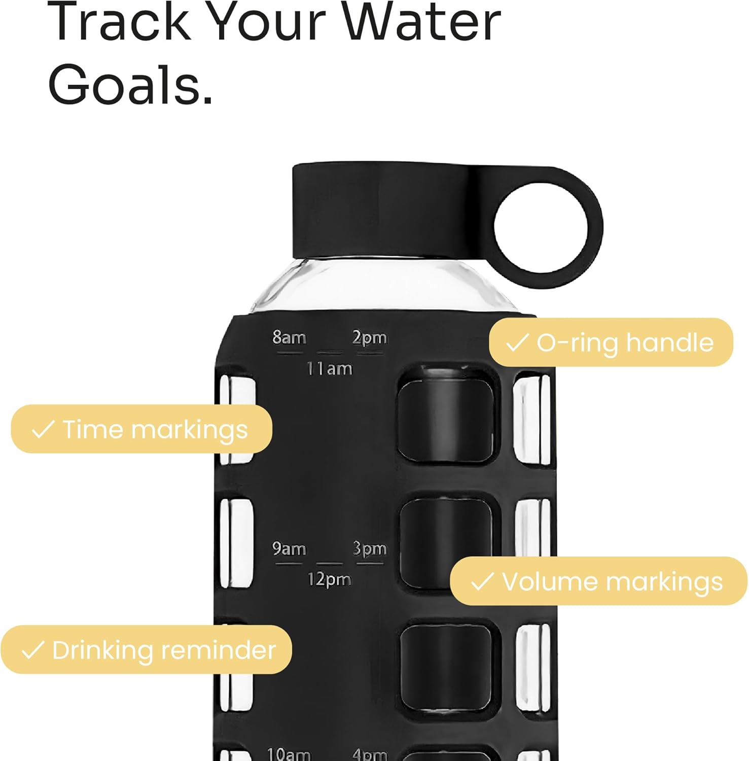 purifyou 40oz / 32oz / 22oz / 12oz Borosilicate Glass Water Bottle with Time & Volume Markers, Silicone Sleeve, Stainless Steel Lid | Reusable Glass Bottle for Water & Juice (22oz Jet Black)