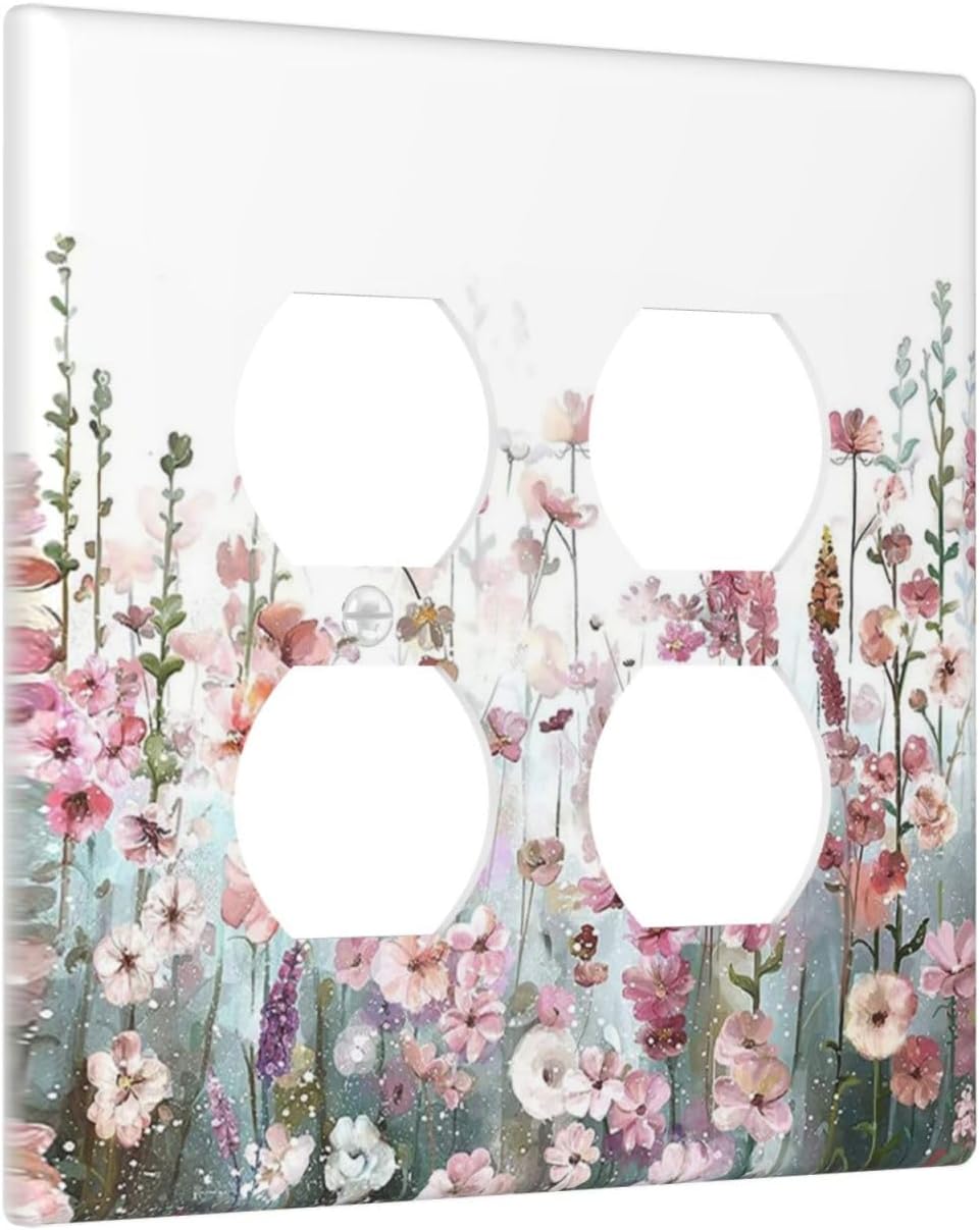 Colorful Flowers Pink Floral Watercolor Plant Outlet Covers 2 Gang Double Duplex Decorative Light Switch Covers Electrical Wallplates Socket Faceplate for Bed Room Living Room Decor