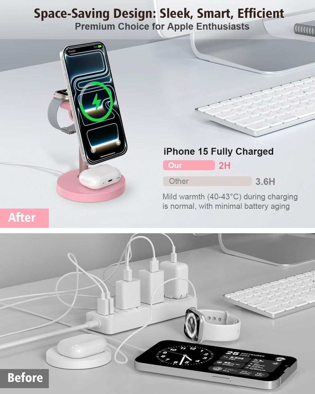 3 in 1 Wireless Charging Station for Apple, 15W Fast Magnetic Charger Stand Wireless Nightstand for Bedrooms, iPhone 17 16 15 14 13 12 Series, Apple Watch, Airpods, Women Gifts (No AC Adapter) Pink