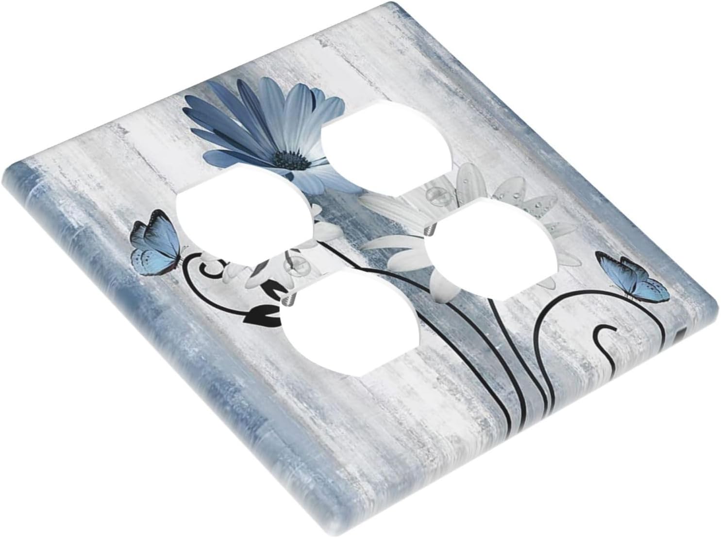 Decorative Outlet Covers Rustic Blue White Daisy Ink Flower 2 Gang Light Switch Cover Plate Double Duplex Wall Plates for Electrical Outlets Switch Plate Covers for Bedroom Home Decor