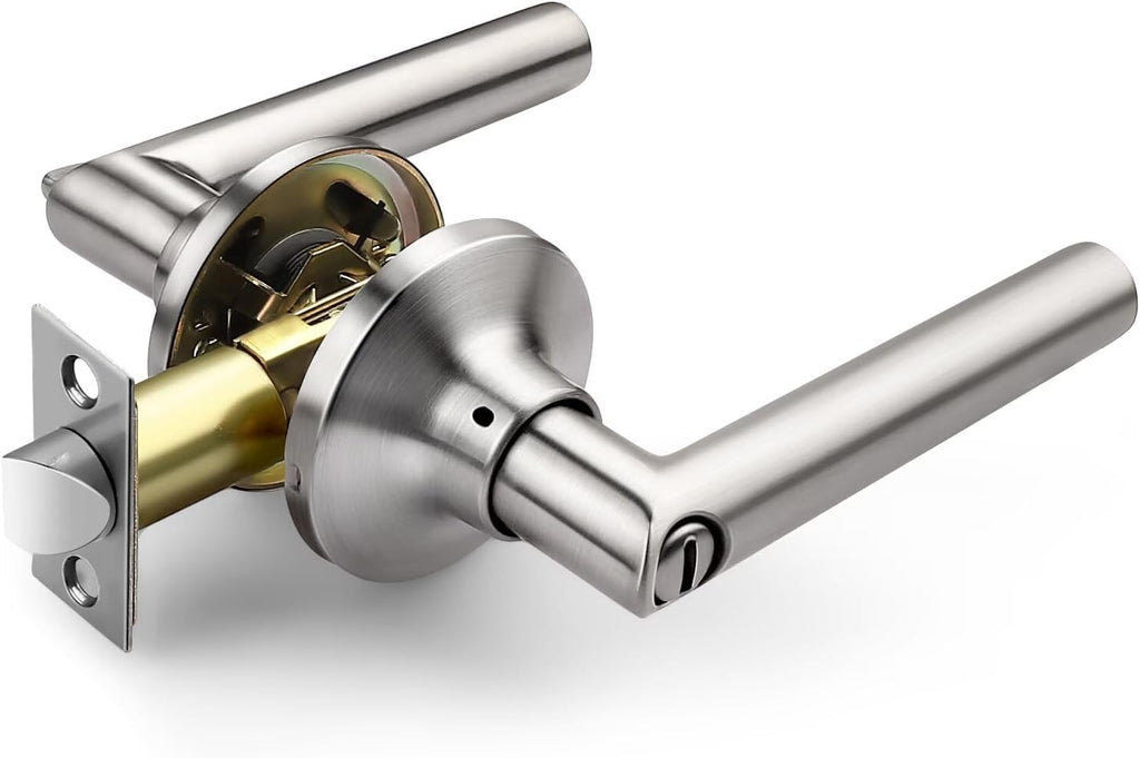GOBEKOR 5 Pack Brushed Nickel Door Handles Privacy Door Levers with Lock,Heavy Duty Interior Door Handles for Bedroom and Bathroom,Sleek Round Door Lever Satin Nickel with No Key