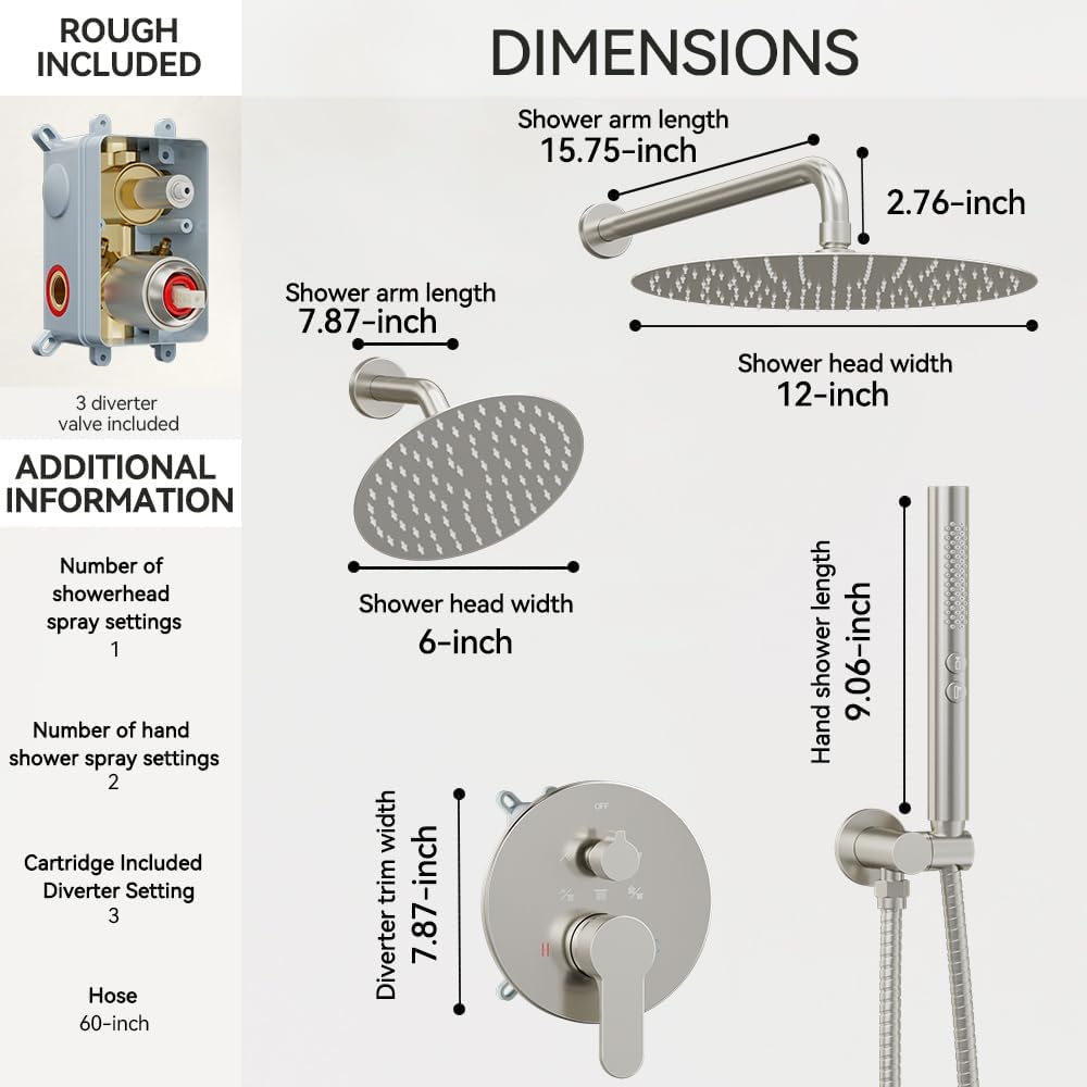 Shower Systems STARBATH 12+6" Round Dual Rainfall Shower Head with Handheld Spray for Two People, Wall Mounted 3 Way Rain Shower Faucet Sets Complete, Included Valve and Trim Kit, Brushed Nickel
