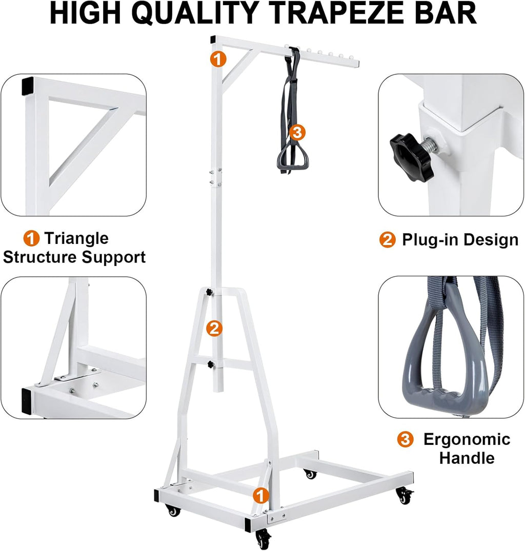 Trapeze Bar for Bed Mobility, Heavy Duty Pull Up Assist Bar with Floor Stand, 5Ft-7Ft Height Adjustable Trapeze Bar, Medical Patient Mover for Care Facilities, White