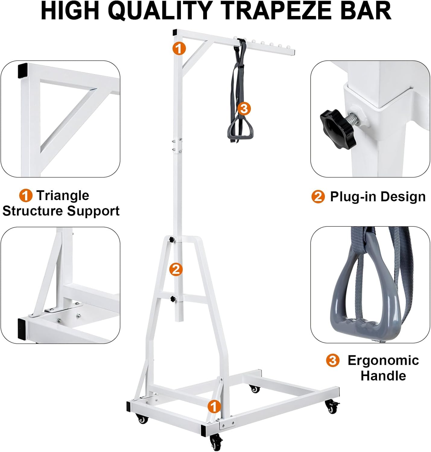 Trapeze Bar for Bed Mobility, Heavy Duty Pull Up Assist Bar with Floor Stand, 5Ft-7Ft Height Adjustable Trapeze Bar, Medical Patient Mover for Care Facilities, White