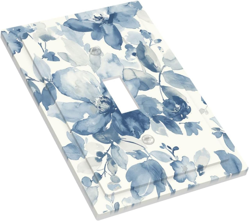 Decorative Light Switch Cover Blue Watercolor Floral 1 Gang Single Toggle Device Electrical Faceplate Switchplates Decorator Outlet Wall Plate for Bedroom Bathroom Decor