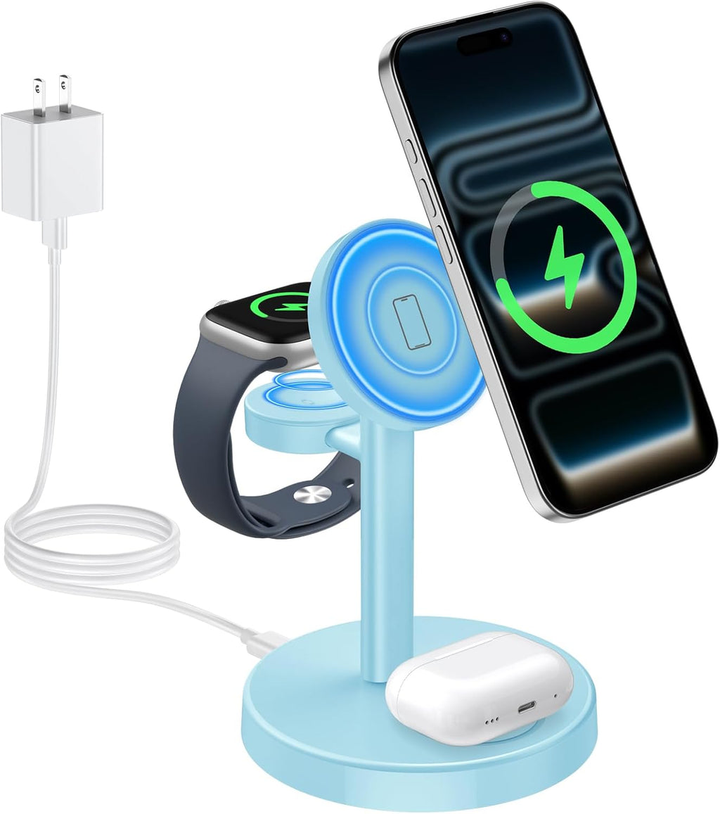 2025 3 in 1 Wireless Charging Station Compatible with MagSafe, 15W Fast Magnetic Mag-Safe Charger Stand for Apple iPhone 17 16 15 14 13 12 Series iWatch AirPods Pro 4 3 2, Iceblue