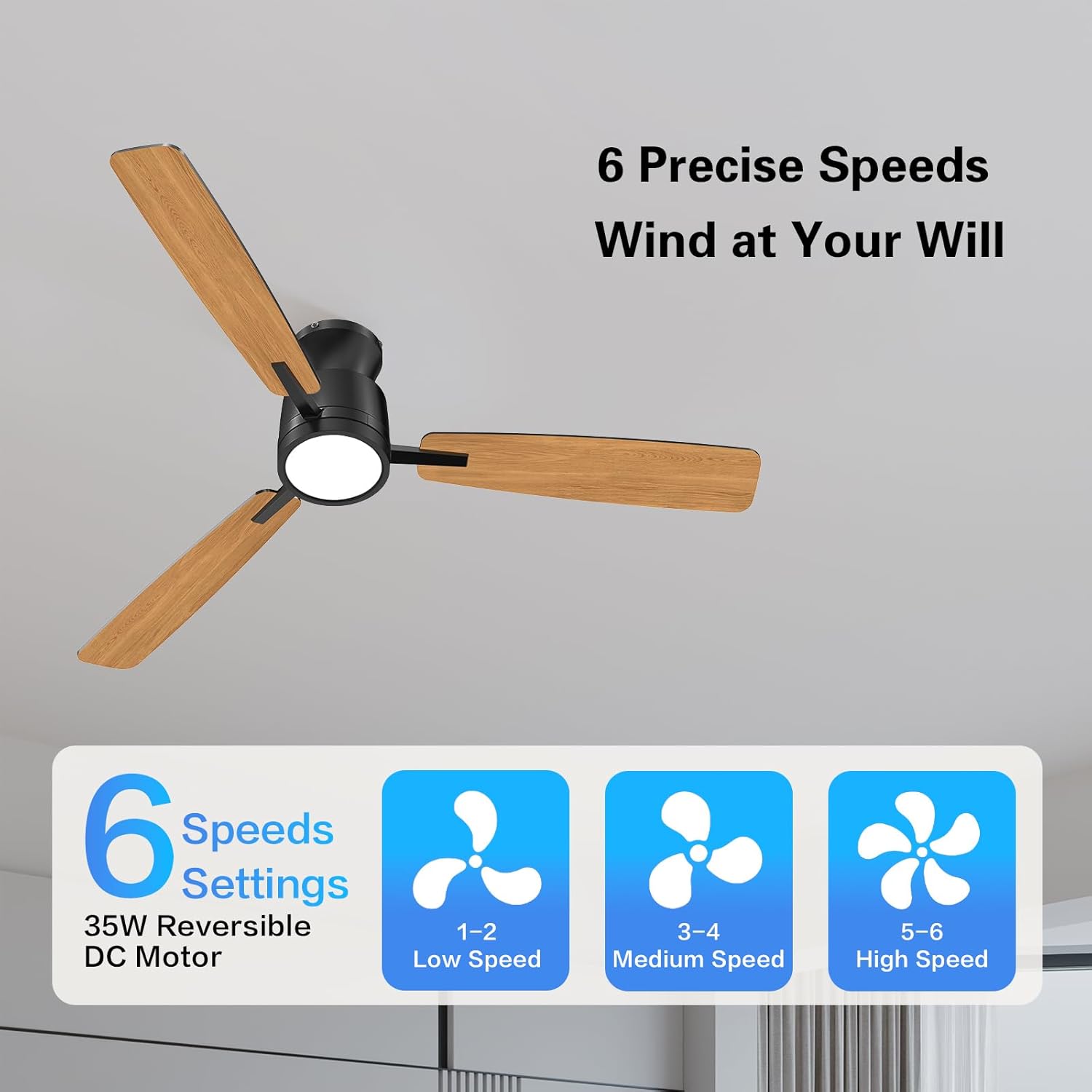 Ceiling Fans with Lights,52 Inch,Quiet Reversible Motor,Easy to Install,6 Speeds,Dimmable,Timer,Black Low Profile Ceiling Fan for Bedroom Living Room,Kitchen,Indoor/Outdoor