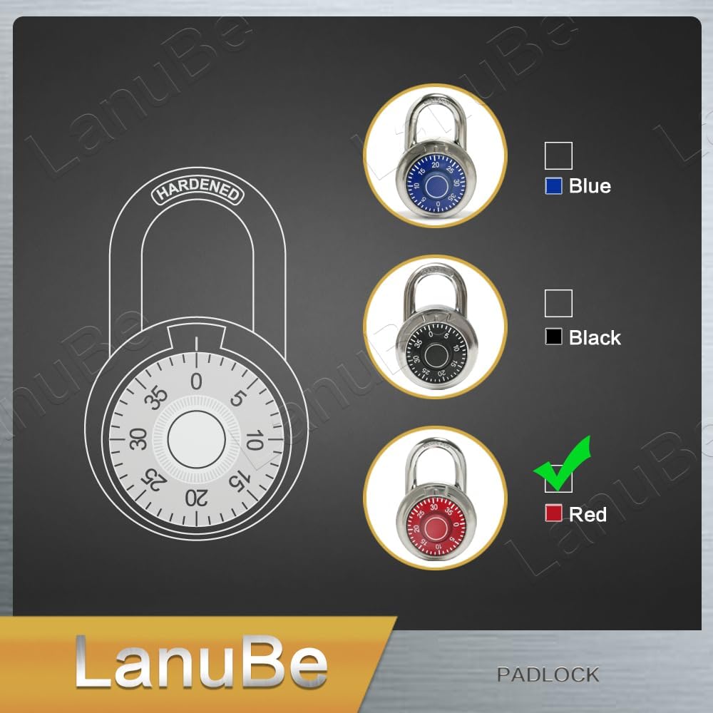 LanuBe Standard Dial Combination Lock, 2 in. Wide, with Different Combinations, Red Turnplate, Pack of 24; Lock for School, Employee, Gym Sports Locker, Case, Toolbox and so on