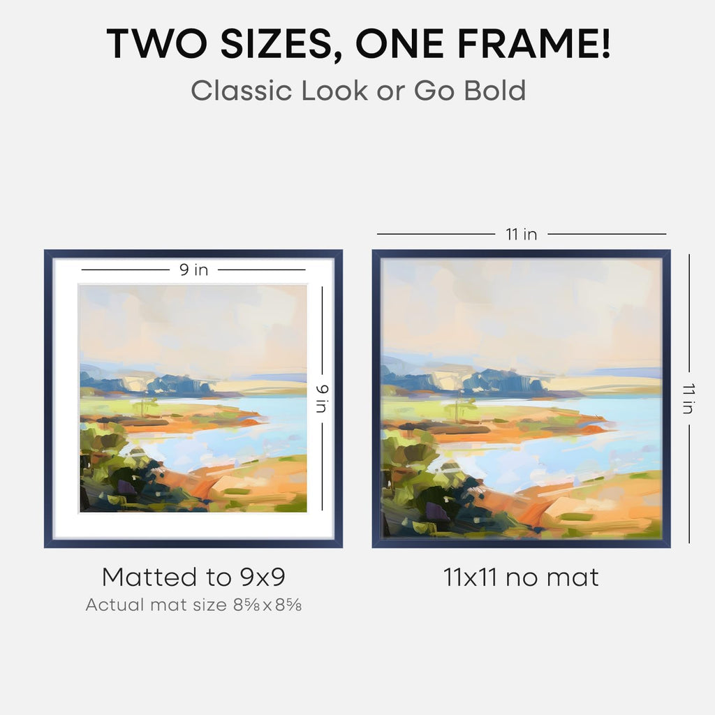 Homeforia 11x11 Navy Blue Picture Frame, High End Metal 11 by 11 Square Frames with Mat 9 x 9 Photo, 11by11 Poster Frame Matted to 9x9 inch Art, Wall Hanging Frames, Tempered Glass, Wall Kit, Set of 1