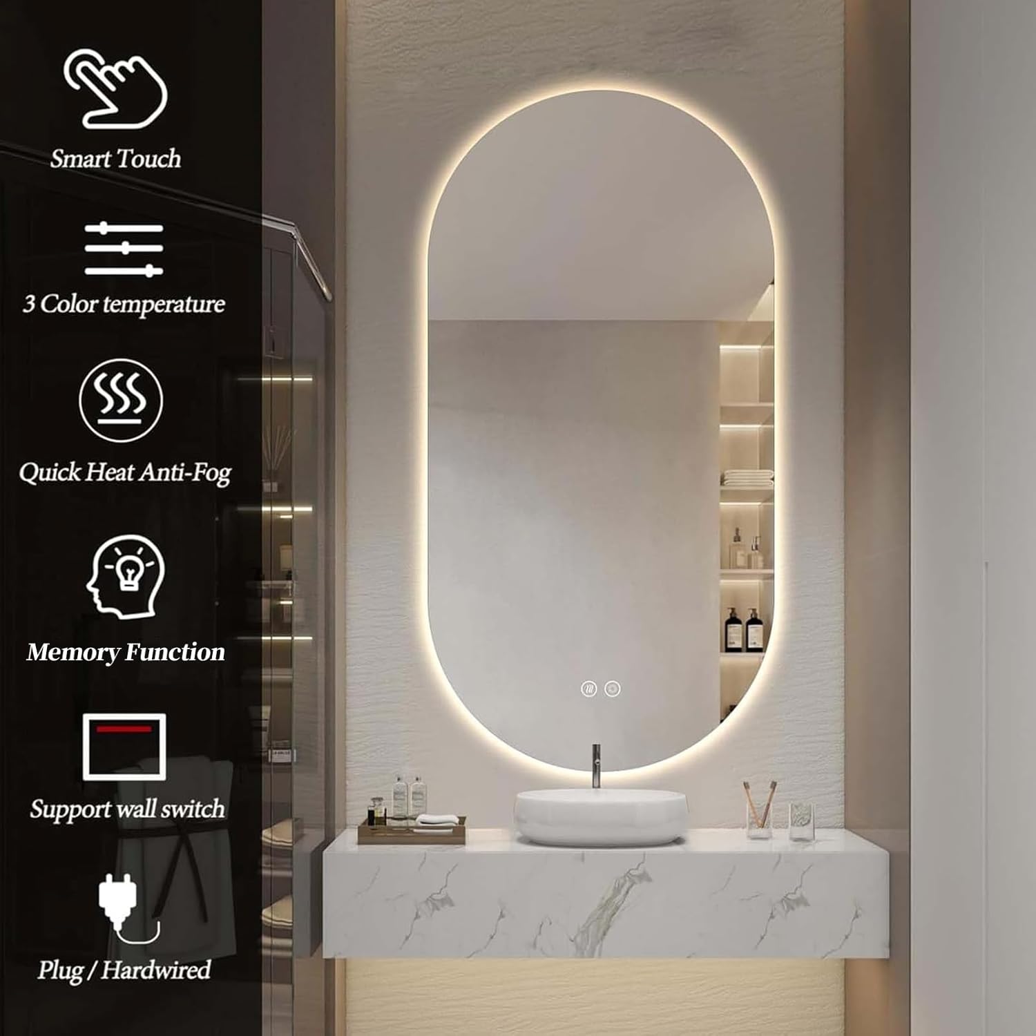 55"x28" Oval Led Bathroom Mirror with Lights, Frameless Backlit Vanity Mirror for Wall, Anti Fog Smart Mirror with 3 Colors Stepless Dimmable, Waterproof, Explosion-Proof, Vertical/Horizontal