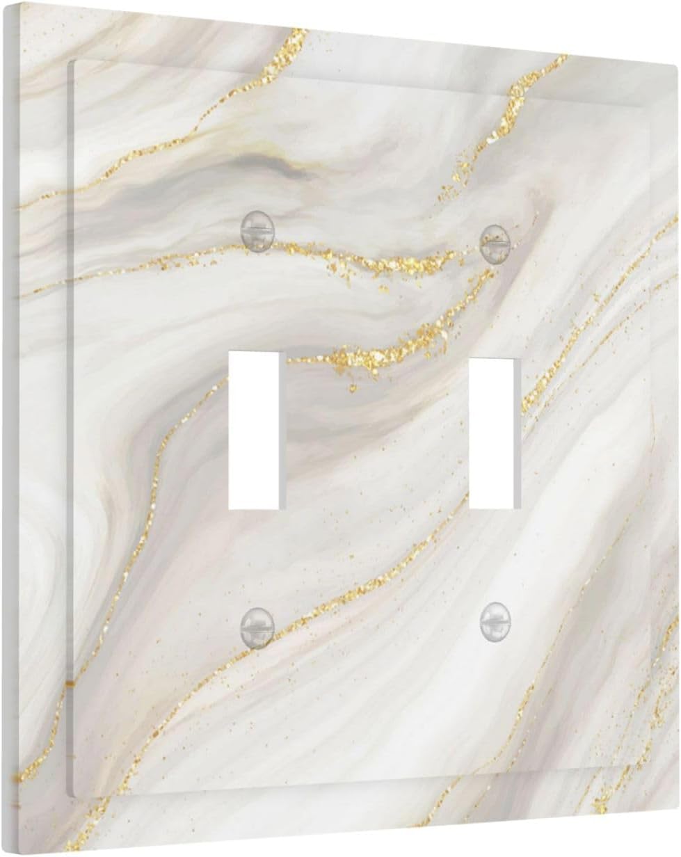 White Grey Gold Marble Simple Tiles Decorative Switch Plates 2 Gang Double Toggle Outlet Light Switch Cover Wall Plate Electrical Faceplate for Bathroom Kitchen Decor