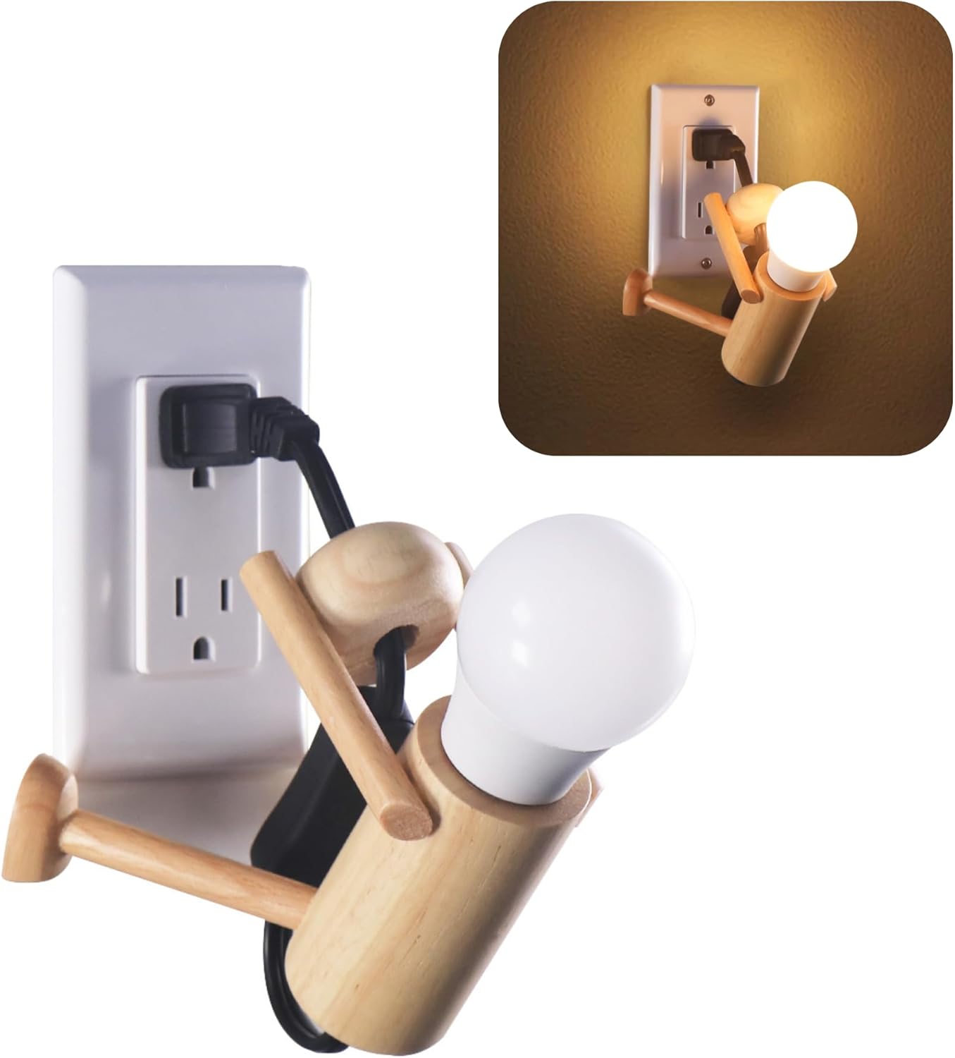 Wooden Night‑Light Desk Lamp – ‘Climber’ Stick‑Figure décor by HMC, Shatterproof LED Bulb, Plug‑in for Outlet, Cool Kid Room or Dorm Table Light
