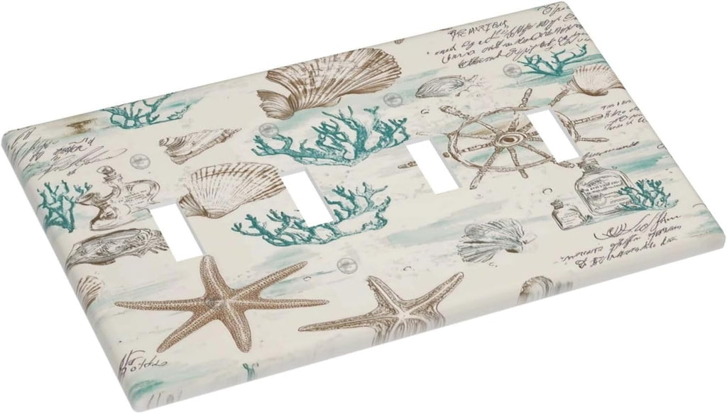 Mid Century Seashells Starfish Compass Light Switch Covers Quad Toggle Electrical Faceplate 4 Gang Wall Plate Decorative Switch Plates For Nursery Kids Room Decor