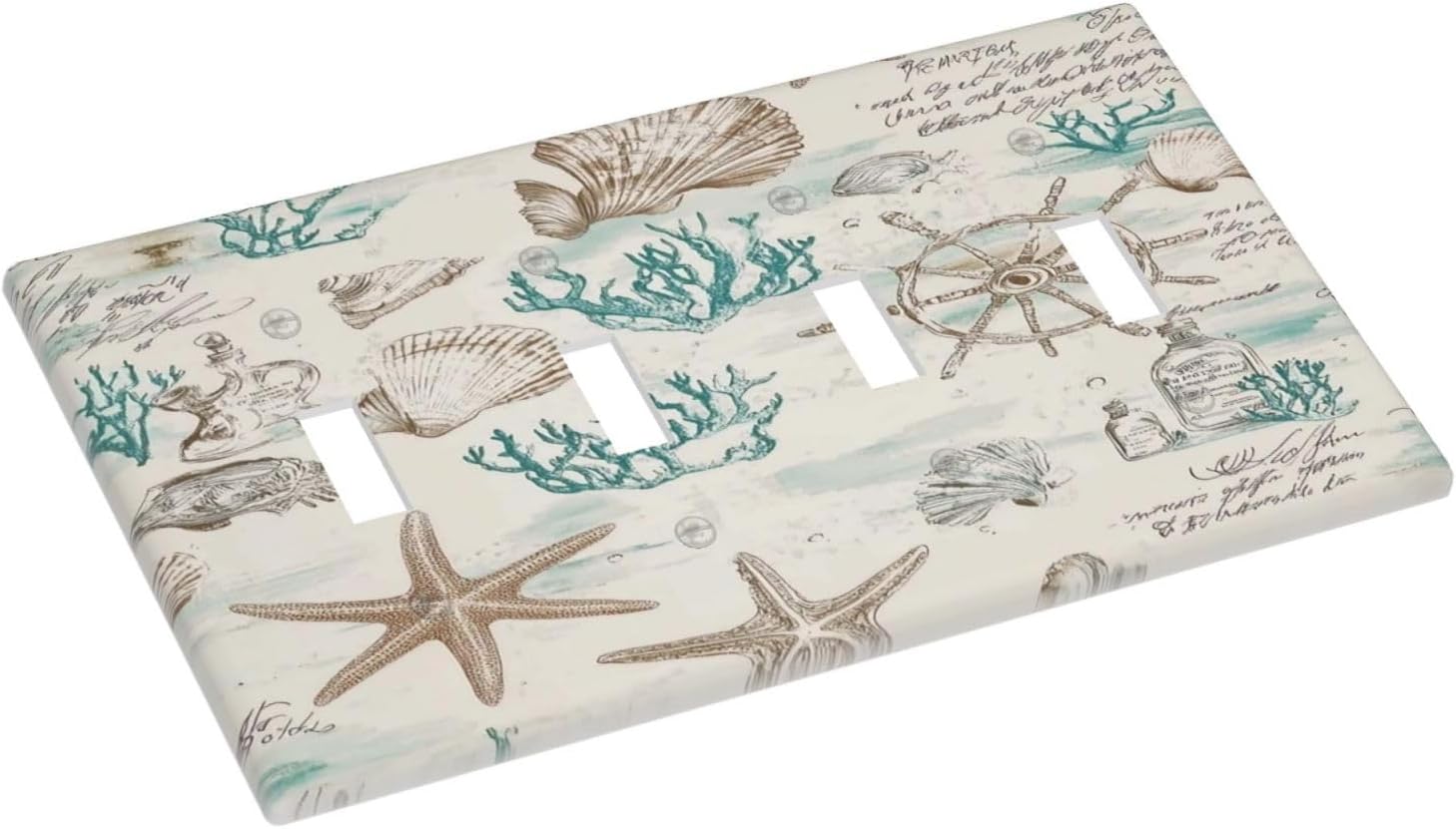 Mid Century Seashells Starfish Compass Light Switch Covers Quad Toggle Electrical Faceplate 4 Gang Wall Plate Decorative Switch Plates For Nursery Kids Room Decor
