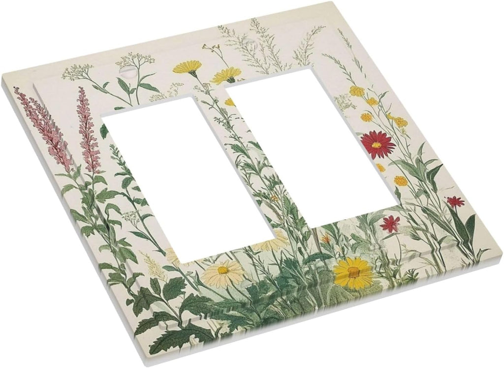 Rustic Wildflower Green Plants Daisy Floral Decorative Outlet Covers 2 Gang Double Gfci Rocker Electrical Wall Panels Light Switch Cover Plate For Farmhouse Bed Room Decor