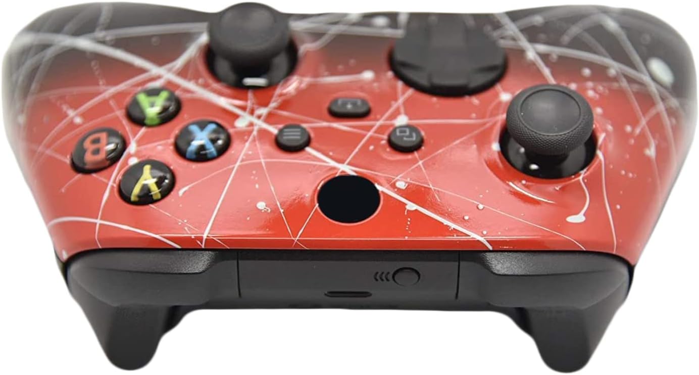 Hand Airbrushed Fade Custom Controller Compatible with Xbox Series X/S & Xbox One (Series X/S Red & Black W/Silver Splatter)