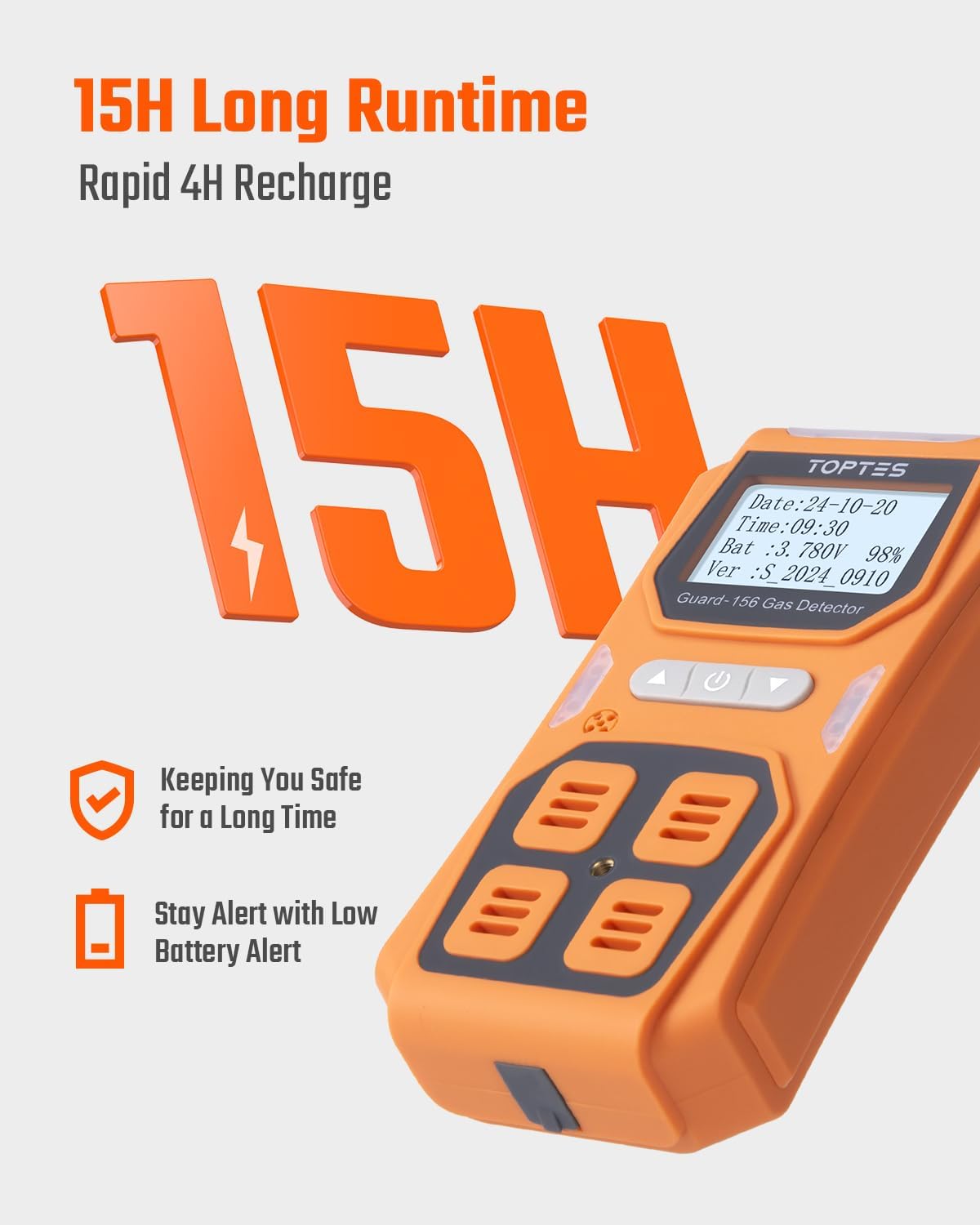 TopTes Guard-156 4 Gas Monitor Multi Gas Detector for H2S, CO, LEL, and O2, Triple Alarm Modes (Visual, Vibration, Sound), 0.5s Fast Response, Dust and Explosion Proof Design for Work and Home Safety
