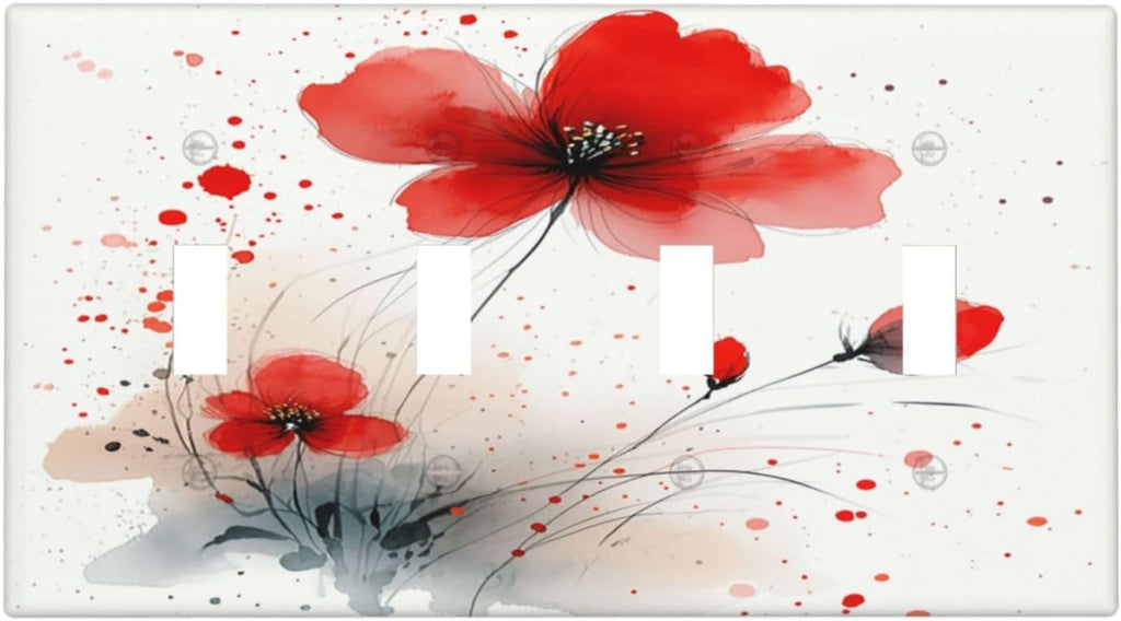 Vintage Watercolor Red Flowers Floral Light Switch Covers Quad Toggle 4 Gang Wall Plate Decorative Switch Plates Electrical Faceplate for Bedroom Bathroom Decor