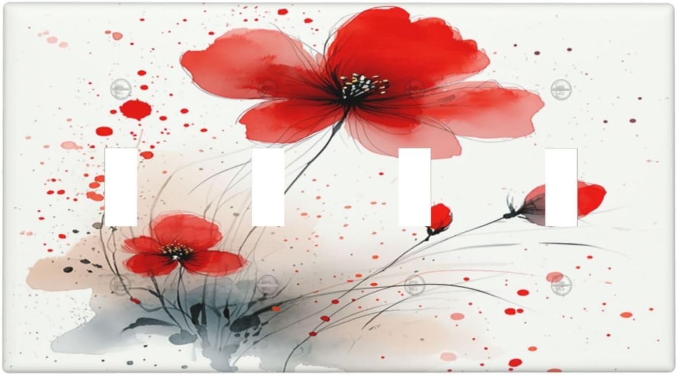 Vintage Watercolor Red Flowers Floral Light Switch Covers Quad Toggle 4 Gang Wall Plate Decorative Switch Plates Electrical Faceplate for Bedroom Bathroom Decor