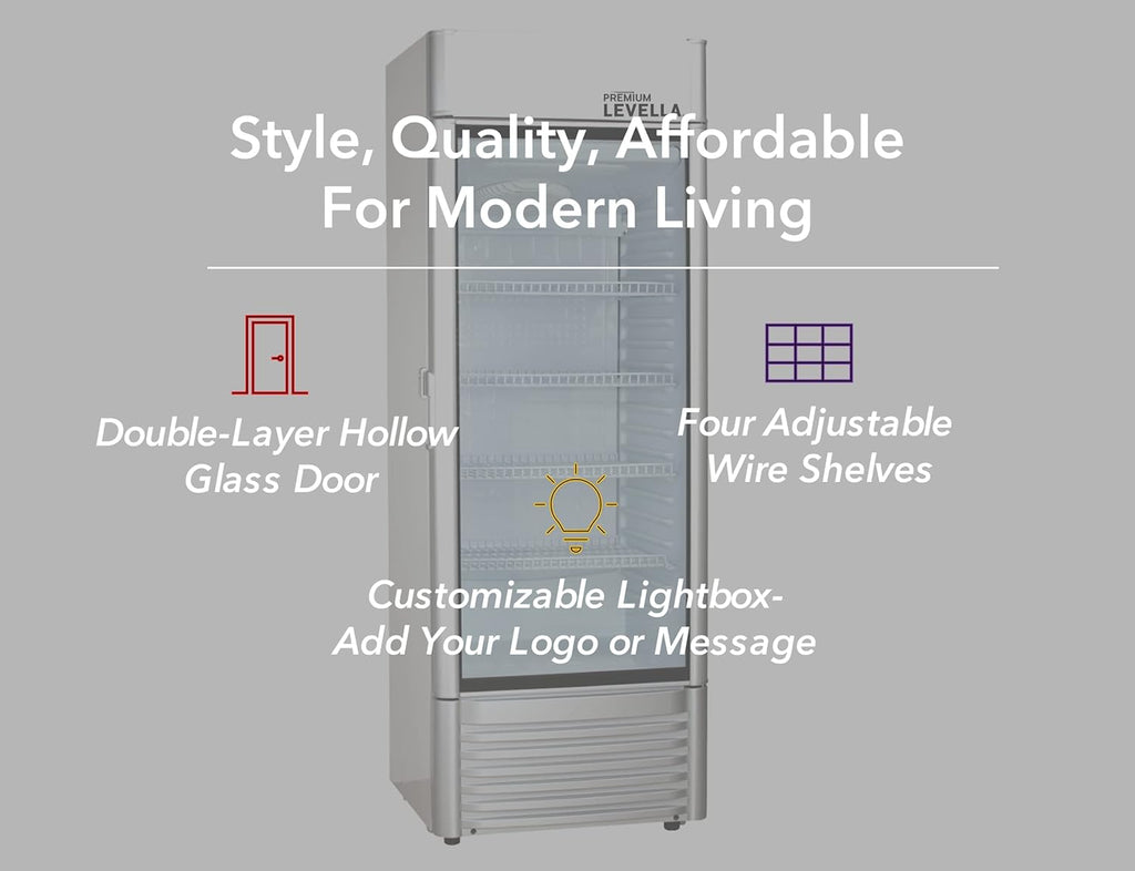 PremiumLevella PRF90DX Glass Door Display Refrigerator 9.0 cu ft Commercial Beverage Cooler Merchandiser With Customizable Lightbox - Silver