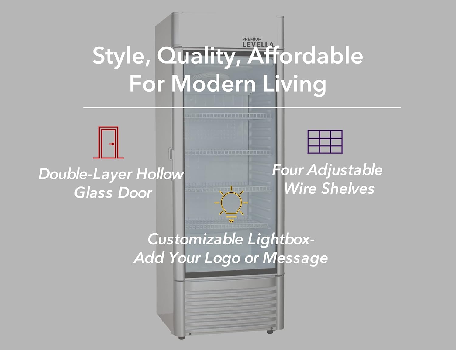 PremiumLevella PRF90DX Glass Door Display Refrigerator 9.0 cu ft Commercial Beverage Cooler Merchandiser With Customizable Lightbox - Silver