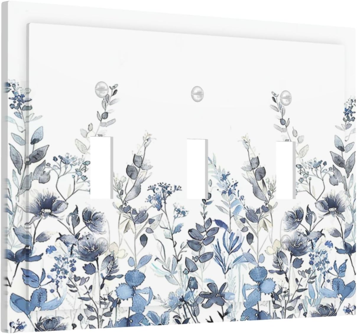 Decorative Switch Plates Light Blue Watercolor Leaves Plant With Floral 3 Gang Wall Plate Triple Toggle Light Switch Cover Faceplate Electrical Wall Panels for Bedroom Bathroom Decor