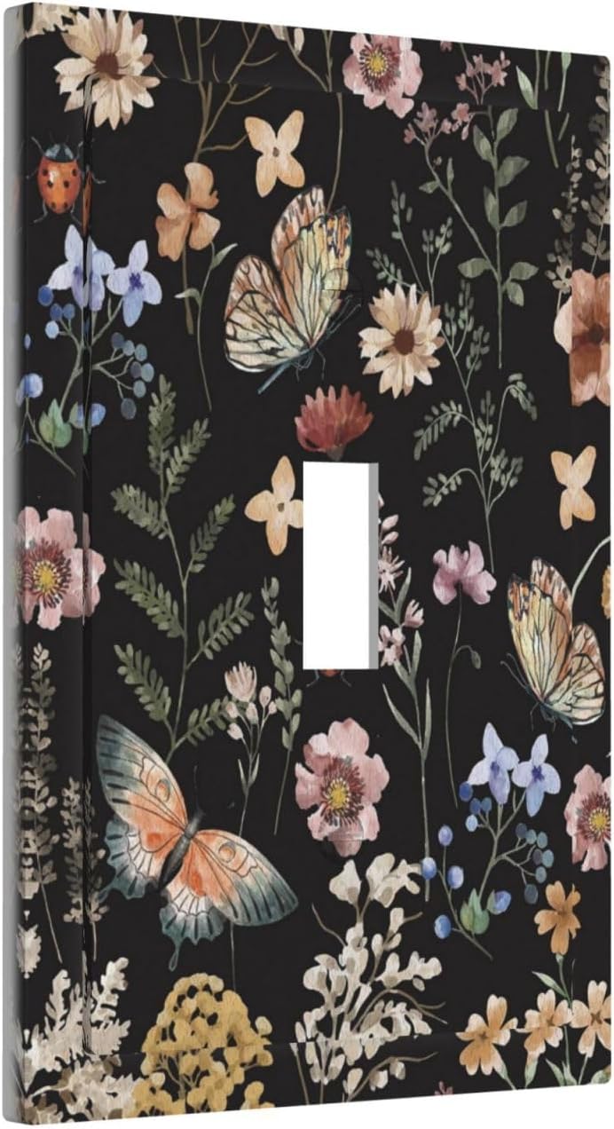 Decorative Light Switch Plate Covers Boho Black Butterfly Rustic Flower 1 Gang Light Switch Cover Plate Single Toggle Wall Plate Outlet Covers Faceplate for Bedroom Home Decor