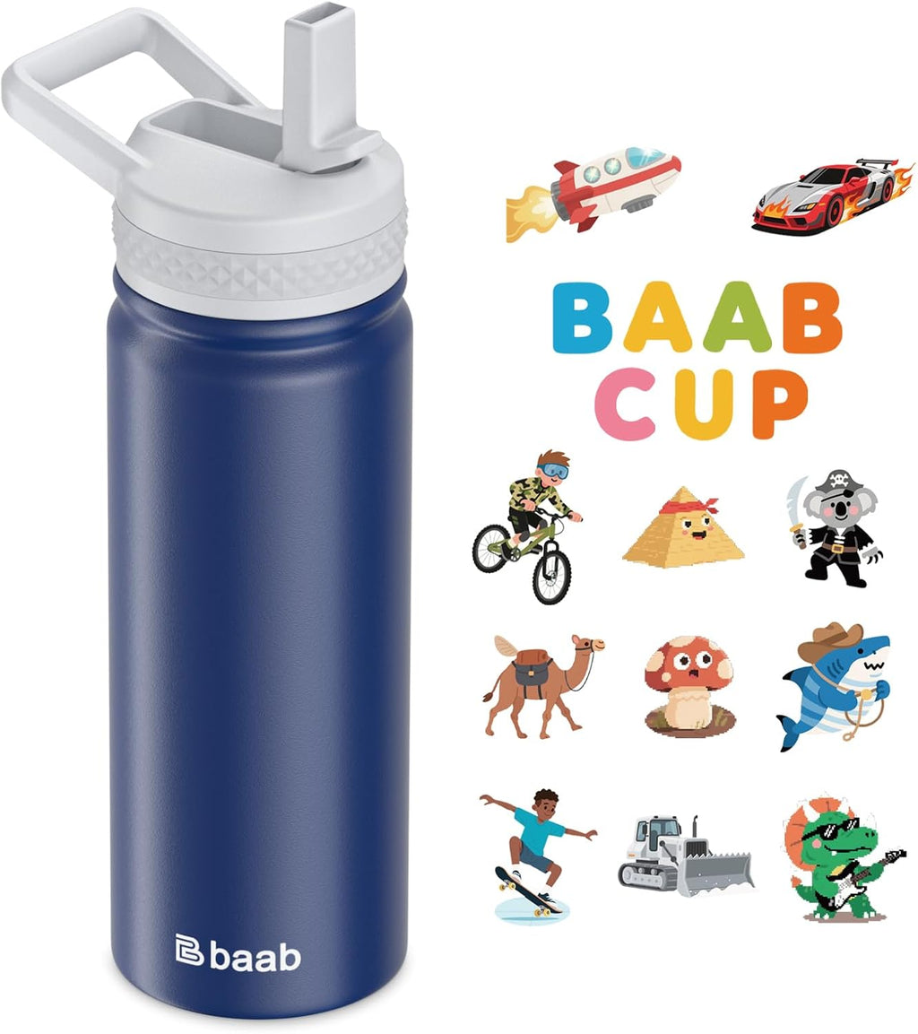 baab 18oz Kids Water Bottle, Insulated Water Bottle with Straw & Stickers, 18/8 Stainless Steel Vacuum Leakproof Kids Water Straw Cup for School, Perfect for Boy Girl (Navy Blue, 1 Pack)