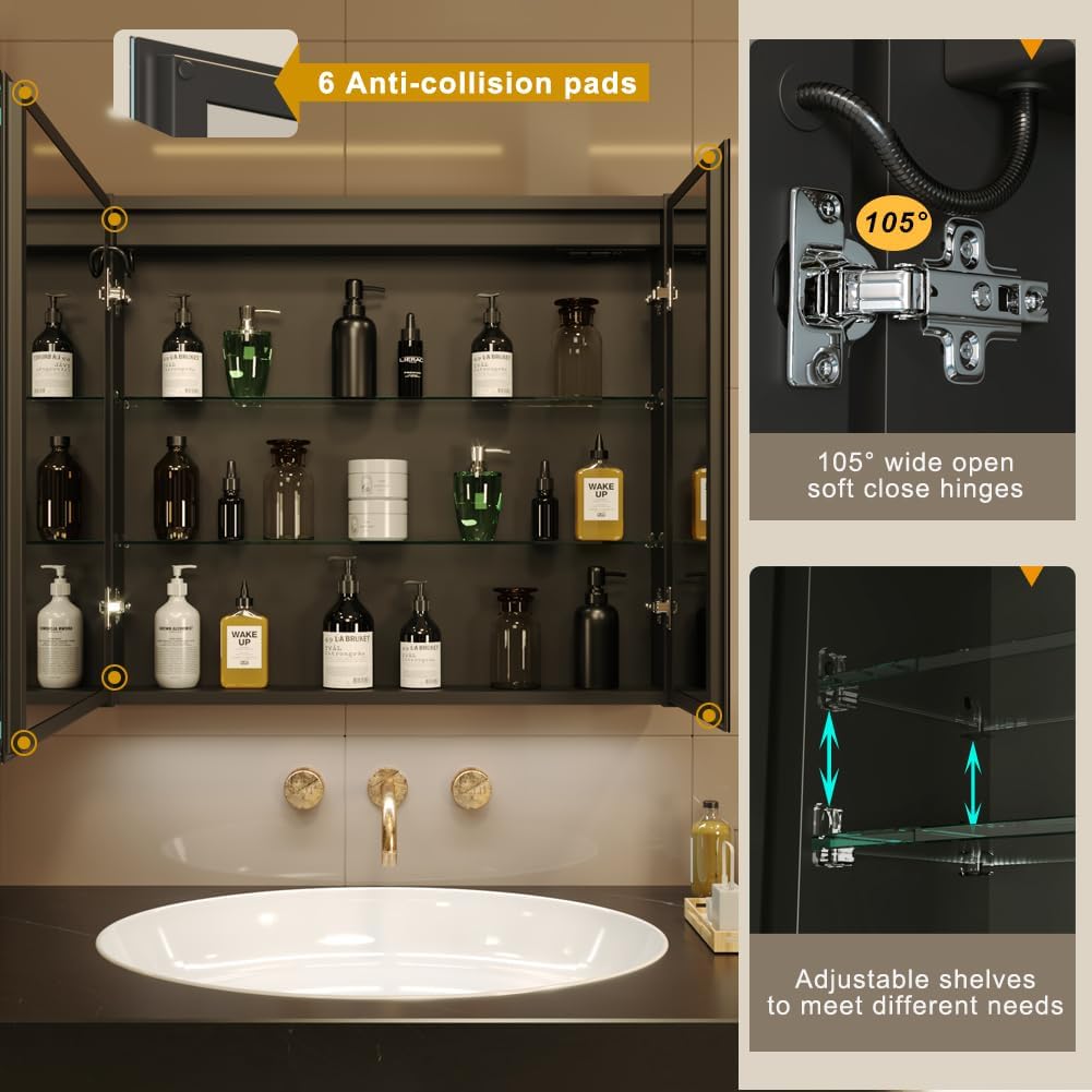 KWW 30 x 28 Inch Double Doors LED Lighted Bathroom Medicine Cabinet, Defogger, Dimmable, 3 Color Light Makeup Mirror, Outlets & USBs, Easy to Install, Wall Mounted Mirror Cabinet
