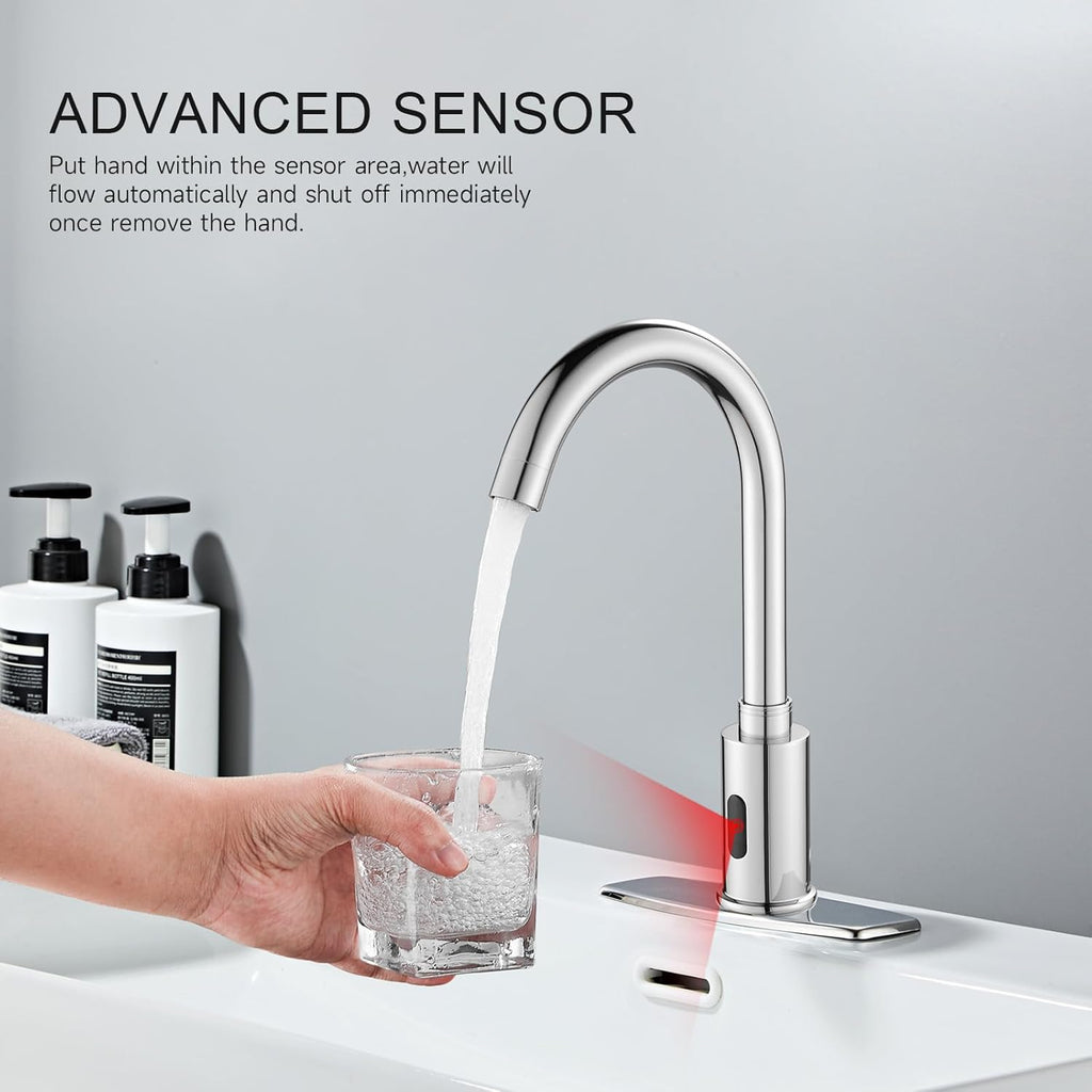 Automatic Touchless Bathroom Sink Faucet Motion Sensor Commercial Kitchen Hands Free Faucet with Hole Cover Plate,AC/DC Powered, Public Sink Faucet,Chrome (Chrome High)