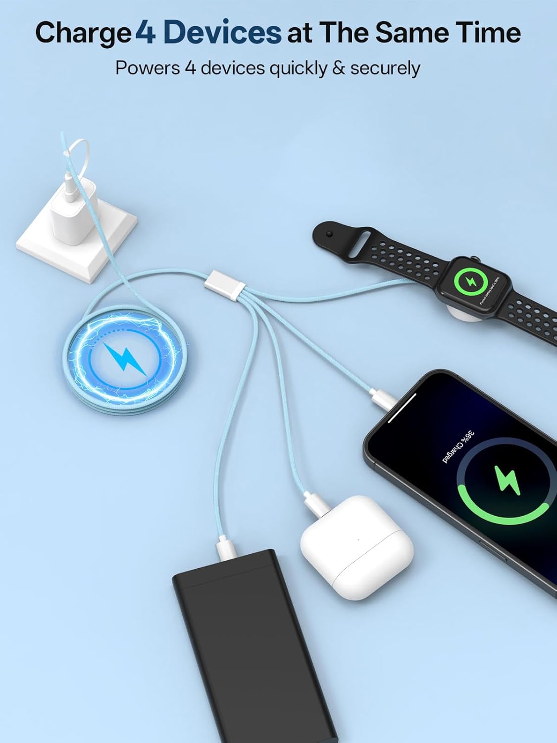 Travel Essentials, 4 in 2 Multi Charging Cable for Apple Watch Charger/iPhone Charger,USB C Cable Cord for iPhone 17-11/iWatch Ultra/10-2/Galaxy S25-S20, Android Phones, MP3-Blue,5FT