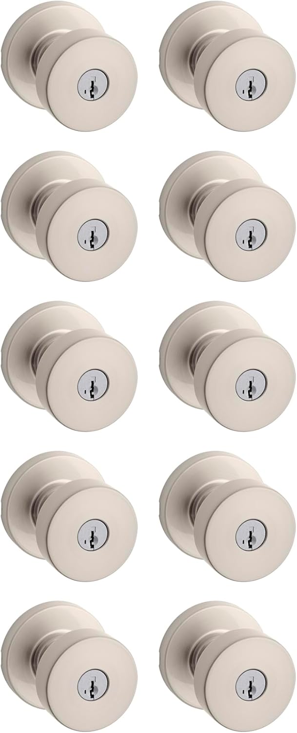 Kwikset Pismo Entry Door Knob with Lock and Key, Secure Keyed Handle Exterior, Front Entrance and Bedroom, Satin Nickel, 10 Pack, Pick Resistant SmartKey Rekey Security and Microban