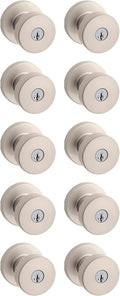 Kwikset Pismo Entry Door Knob with Lock and Key, Secure Keyed Handle Exterior, Front Entrance and Bedroom, Satin Nickel, 10 Pack, Pick Resistant SmartKey Rekey Security and Microban