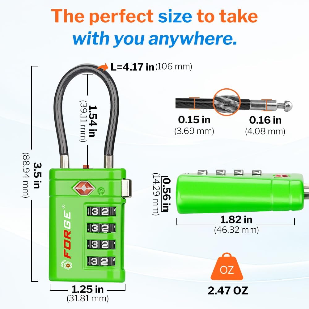 Forge TSA Approved Luggage Locks 4 Digit Combination TSA Travel Locks with TSA008, Open Alert Indicator, Zinc Alloy Body for Luggage, Suitcase, Backpack, and More. Green 4 Locks.